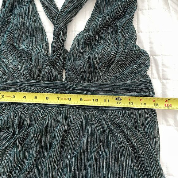 NWT LULUS Size L Ailey Teal & Gold Pleated Low Cut Mini Cocktail Dress - Picture 13 of 14